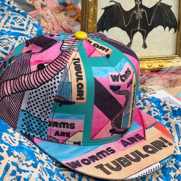 Worms are Tubular Rad Watercolor Skateboarding Worm Pun Dad Joke FlatBill Hat - Picture 6 of 10